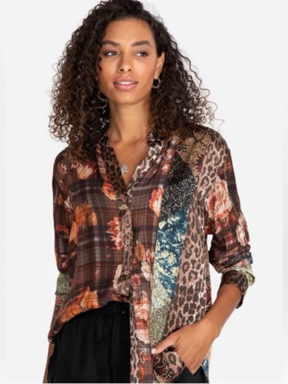EUC❤️Johnny Was❤️ Workshop Octave Floral Print Patchwork Mix Silk Blouse  Size L